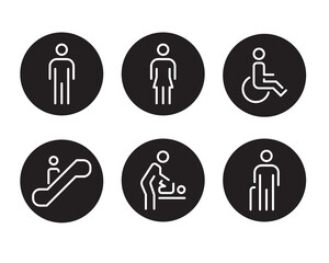 Set of toilet line icons. toilet sign. Man, woman, mother with baby and disability symbol. Toilets for men, women, transgender, disabled. Graphics of black background, white lines.