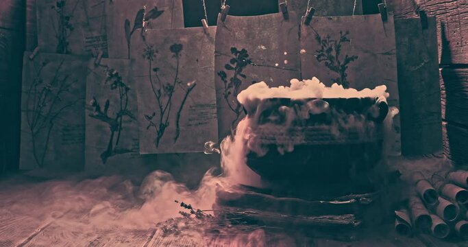 Odd witcher cauldron with dried plants for Halloween.