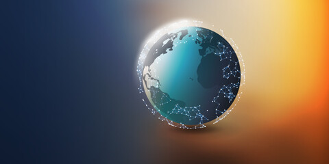 Modern Style Global Networks Structure, IT or Telecommunications Concept Design - Polygonal Network Connections in a Sunlit Earth Globe in Space - Creative Wide Scale 3D Vector Design with Copyspace