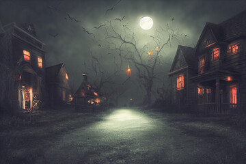 3D illustration of a Halloween concept background of realistic horror house and creepy street with moonlight.