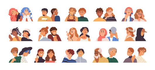 Face avatars of love couples, friends set. People portraits with moods, emotions, expressions, feelings. Modern trendy expressive characters. Flat vector illustration isolated on white background