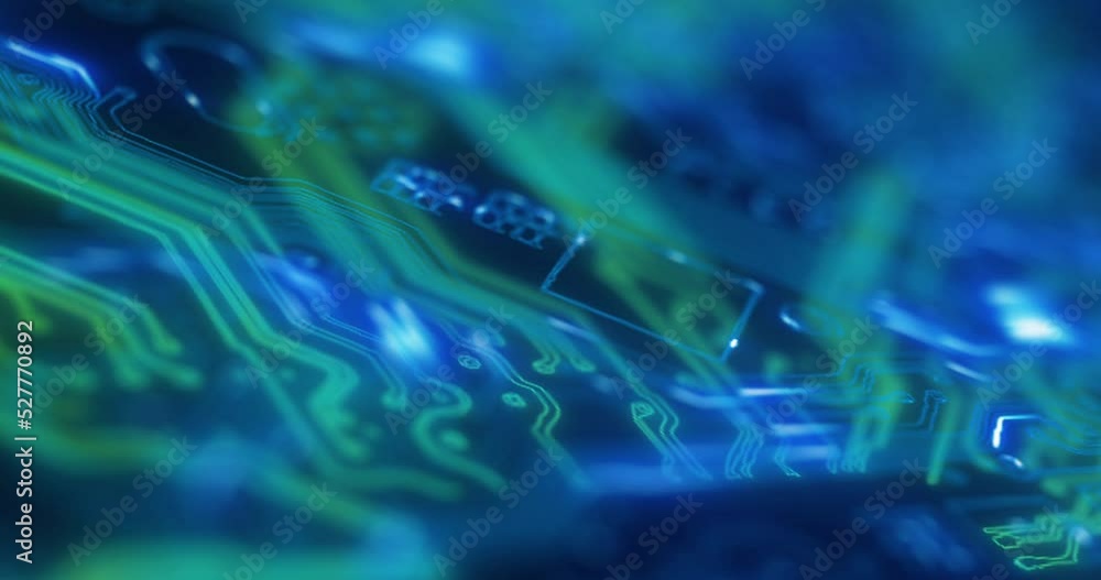 Poster Ai computer hardware, tech and futuristic technology of a pc with neon lights, coding and big data. Motherboard, circuit and digital chip for future 3d model or CPU digital futuristic scifi