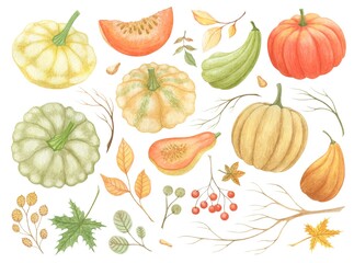 WATERCOLOR SET OF AUTUMN PUMPKINS AND TWIGS ON A WHITE BACKGROUND