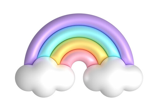 3D rainbow in pastel candy colors. 3d rainbows in candy pastel color pink, yellow, blue, purple. Cute plastic rainbow with clouds. 3d rendering spring illustration suitable for decoration of Birthday