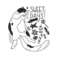 Cute little kitty lies surrounded by sweets. Quote sweet days.  New year sticker with funny cat. Greeting card for holiday party. Flat style in vector illustration. Isolated on white background.