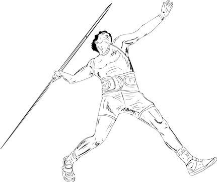 Javelin Thrower vector, Javelin Thrower players cartoon doodle sketch drawing, Indian Javeline thrower winner line art silhouette
