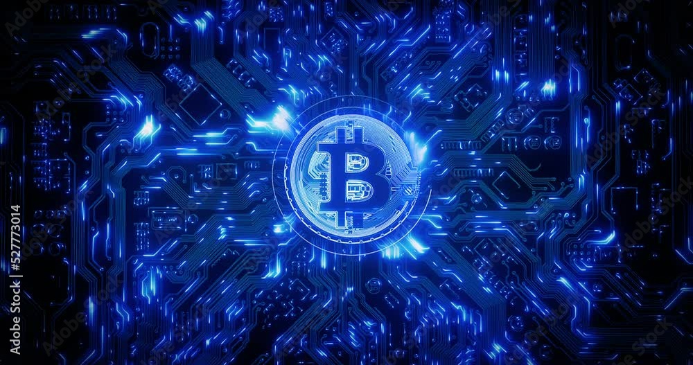 Aufkleber Bitcoin, cryptocurrency and blockchain with futuristic big data, information technology and cyberpunk security scifi. Network internet for future IT cloud computing, ai or digital coding system tech