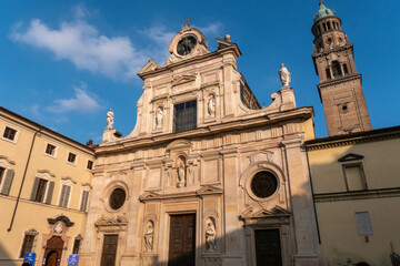Fototapeta na wymiar Facade of the church of San Giovanni Evangelista in Parma, Emilia Romagna, Italy
