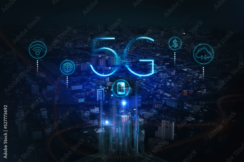 Poster digital network connection lines. financial district in smart city in technology concept. skyscraper