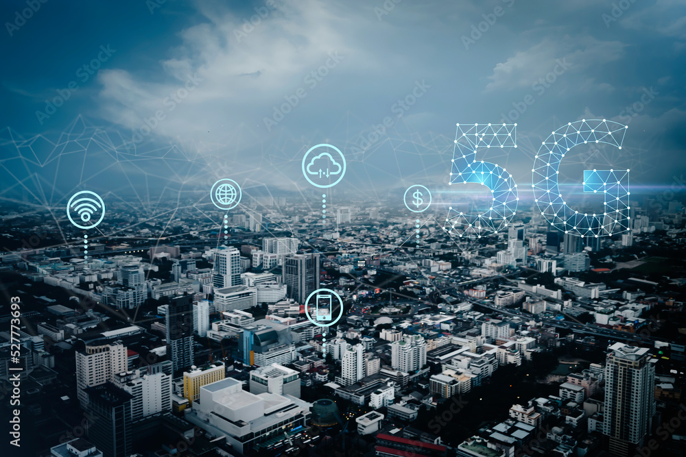 Poster communication and internet networks connect in smart city. concept of 5g wireless digital connection