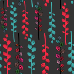 Seamless meadow plants vector pattern. Hand drawn brush painted branches. Black botanical ornament. Various silhouette branches with leaves and small flowers. Seamless background with bold leaves.