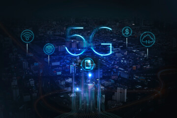 Digital network connection lines. Financial district in smart city in technology concept. Skyscraper and buildings at night, smart data network digital transformation