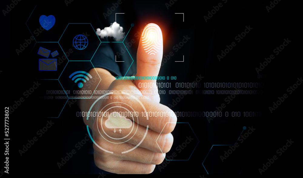 Poster futuristic digital processing of biometric identification fingerprint scanner. concept of surveillan
