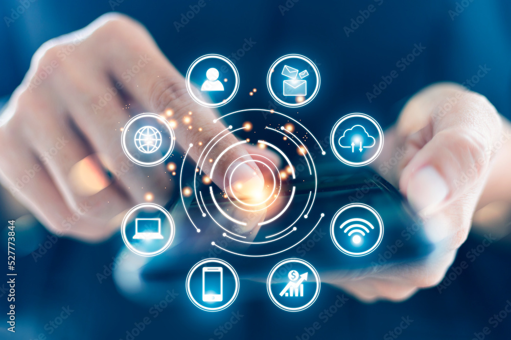 Poster digital marketing. hand touching touchin circle and icon customer network connection on virtual scre