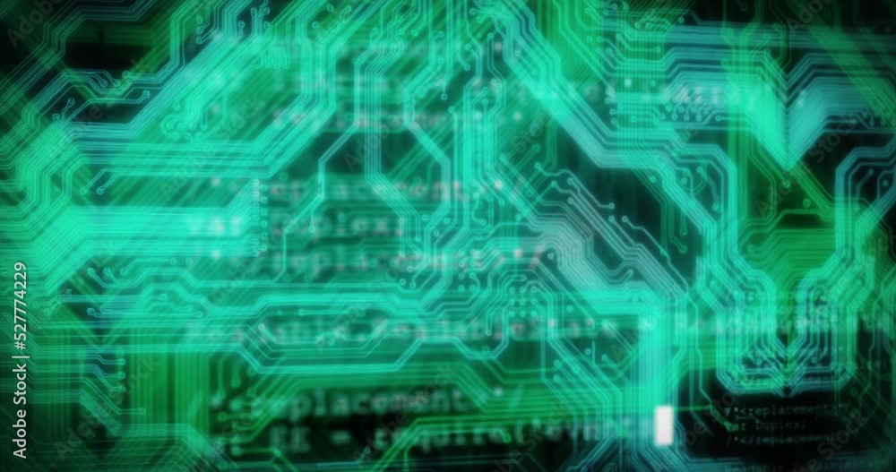 Poster Programming code animation, circuit and screen or program coding in the background. Tech, future and futuristic technology or cybersecurity, ai and illustration of software, data or iot or database
