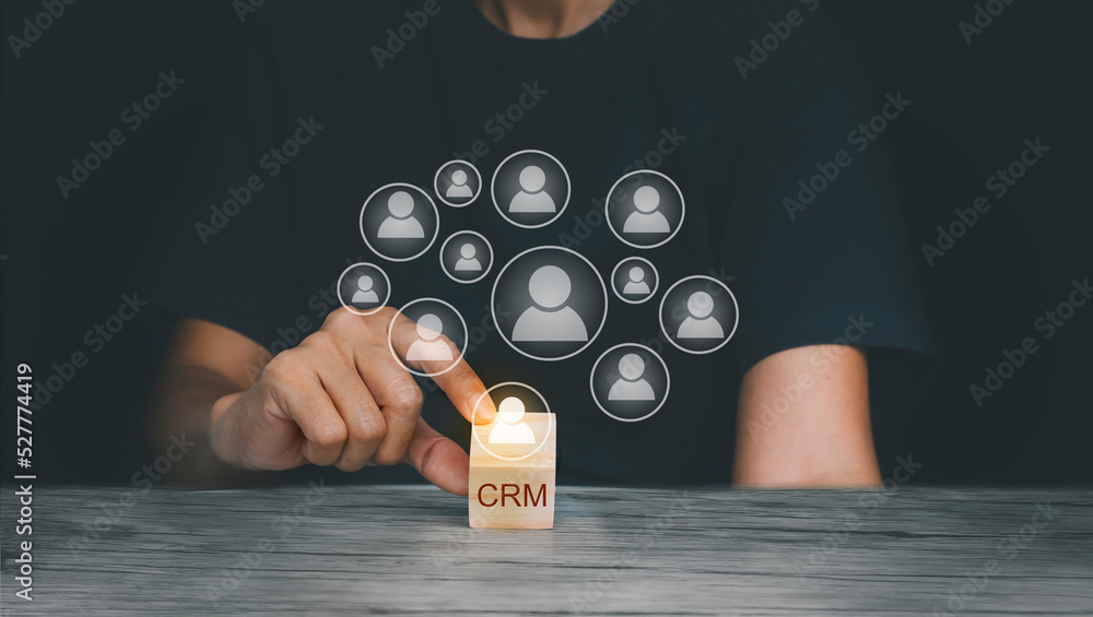 Poster crm customer relationship management. hand holding stack wood cube block icon. internet technology c