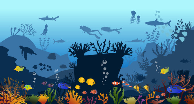 coral reefs, of fish and marlin silhouettes on blue sea background. Panoramic underwater sea Vector illustration 