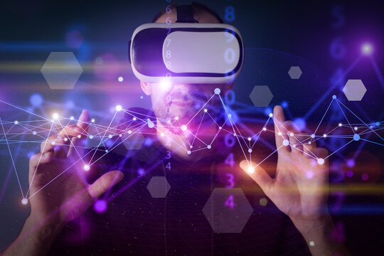 VR technology digital background. Man uses virtual reality glasses and interacts with 3D neon holographic data. Metaverse, futuristic, cyber game concept.