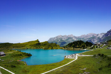 Fototapeta na wymiar Idyllic panorama view of Glacier and alp lake. Location place Swiss alps, canton Bern. Scenic image of most popular tourist attraction. Discover the beauty of the earth.