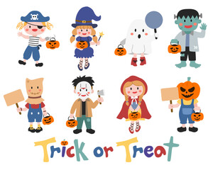 Fototapeta na wymiar Cartoon kids character in Halloween costumes. Trick or Treat. Vector illustration.