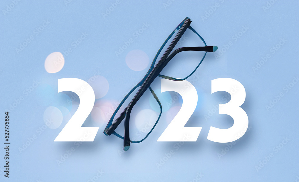 Sticker happy new year 2023. 2023 with glasses on isolated background