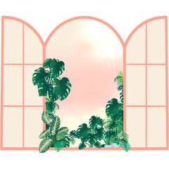 Hand drawn window with plant view illustration