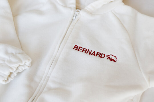 Wroclaw, Poland - August 4, 2022: The inscription of the name Bernard on clothes and the image of a bear. Personalization of children's clothing.