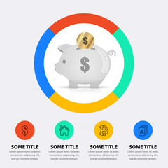 Infographic template. A piggy bank for savings with pie for diversification