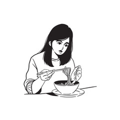 Fototapeta premium Line drawing young woman eating noodle. minimalism design with simplicity hand drawn.
