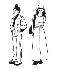 Hand drawn doodle set of Street fashion look for girls. Young girls dressed in stylish trendy oversized clothing. Models standing in various poses.