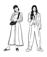 Hand drawn doodle set of Street fashion look for girls. Young girls dressed in stylish trendy oversized clothing. Models standing in various poses.