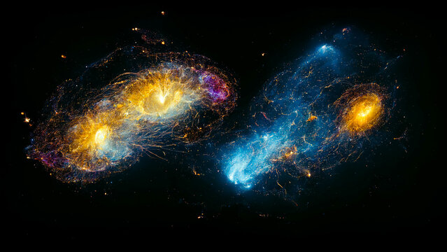 Formation And Galaxies Colliding In The Cosmos, Artist's View As Taken By An Astronomy Telescope