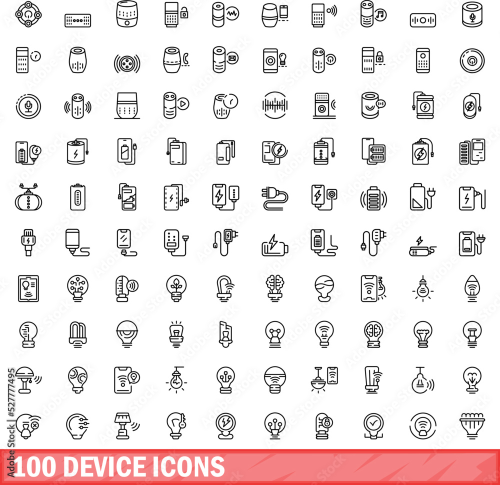 Poster 100 device icons set. outline illustration of 100 device icons vector set isolated on white backgrou