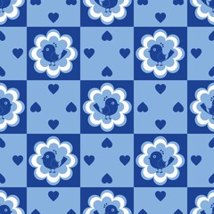Blue White floral pattern as a seamless background for printing on textiles, paper, packaging. Abstract flowers with birds and hearts.
hearts