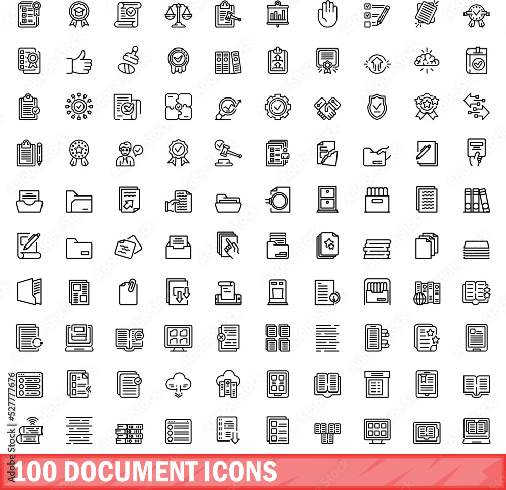 Poster 100 document icons set. outline illustration of 100 document icons vector set isolated on white back