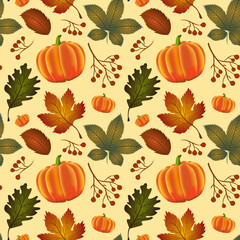 Autumn pattern seamless. Colorful bright foliage and pumpkins.
