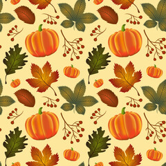 Autumn pattern seamless. Colorful bright foliage and pumpkins.