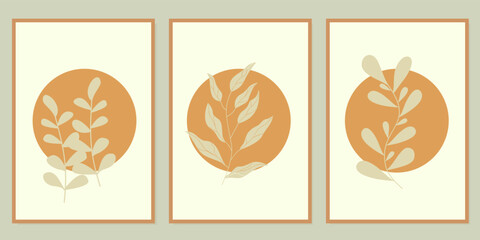 set of aesthetic boho wall decor designs. design template with leaf silhouette elements