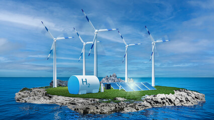 Gewinnung von grünem Wasserstoff H2 mit Photovoltaik und Windkraftanlagen - 3D-Illustration - 527778024