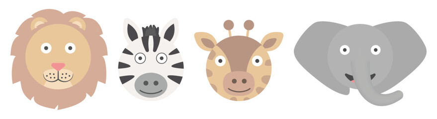 cute animal portraits. circular shaped heads. set of animals. lion, zebra, giraffe, elephant. African animals vector isolated on white.