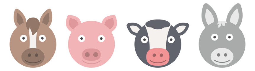 cute animal portraits. circular shaped heads. set of animals. horse, pig, cow, donkey. farm animals vector isolated on white.