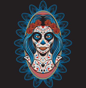 Vector illustration day of the dead girl make up with vintage style