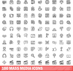 100 mass media icons set. Outline illustration of 100 mass media icons vector set isolated on white background
