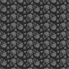 Seamless pattern with white line rowanberry icons. Black background.