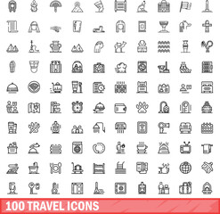 100 travel icons set. Outline illustration of 100 travel icons vector set isolated on white background