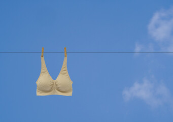 Women's bra, Beige color, sports bra style, dried by
pinning on a single black clothes drying rack in the
sun alone.