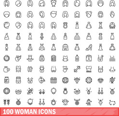 100 woman icons set. Outline illustration of 100 woman icons vector set isolated on white background