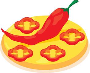 Pepper pizza icon isometric vector. Fresh pizza with pepper on round wood plate. Italian cuisine, hearty meal, homemade food