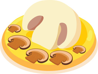 Mushroom pizza icon isometric vector. Fresh pizza with champignon on wood plate. Italian cuisine, hearty meal, homemade food