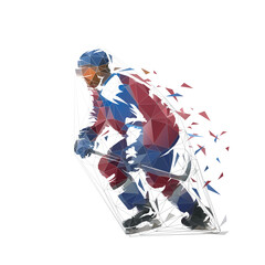 Ice hockey player, low poly isolated vector illustration, geometric drawing from triangles. Side view, ice skating